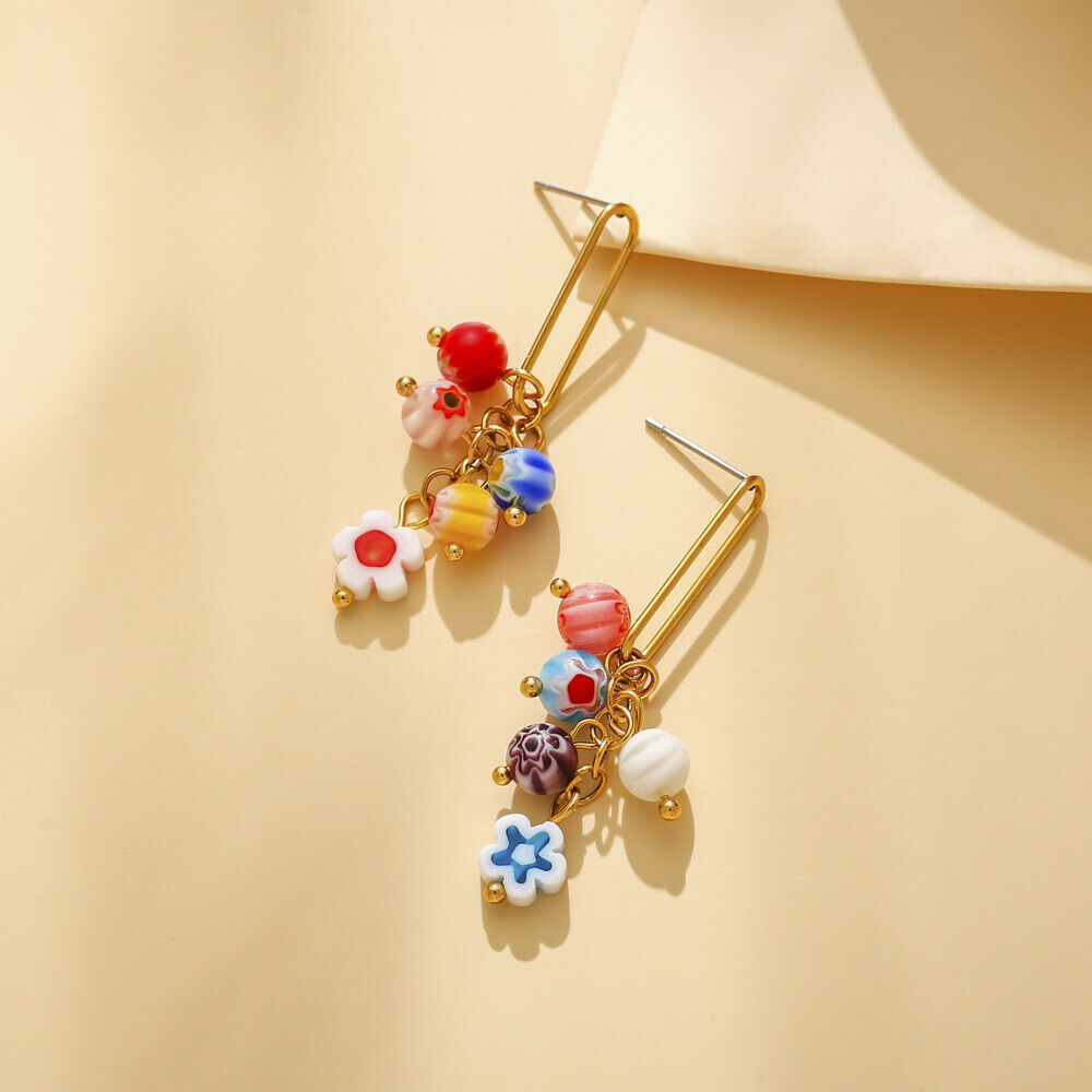 Bohemian Round Bead Stainless Steel Earring Big Bead Flower Drop Dangle For Girl