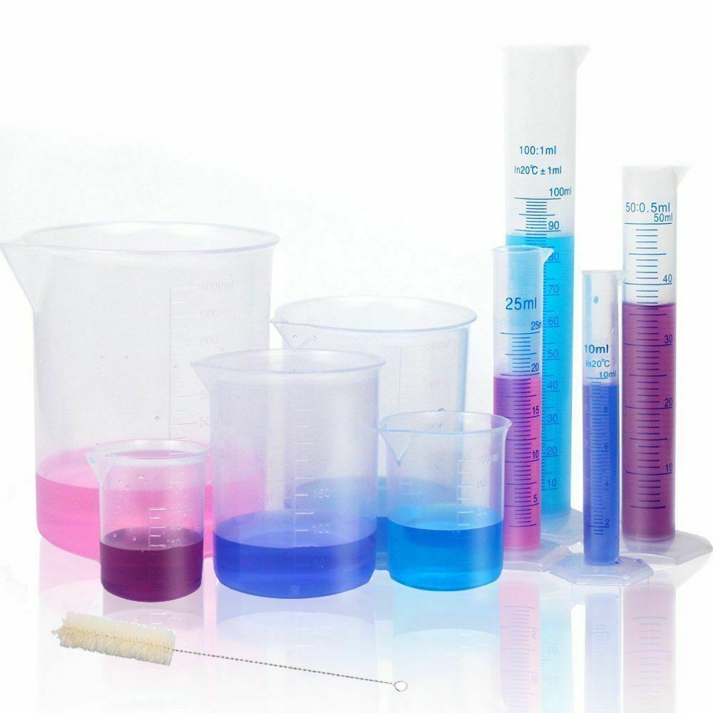 Lab Plasticware Set,4 Clear Plastic Graduated Cylinders+5 Beakers +1 Brush