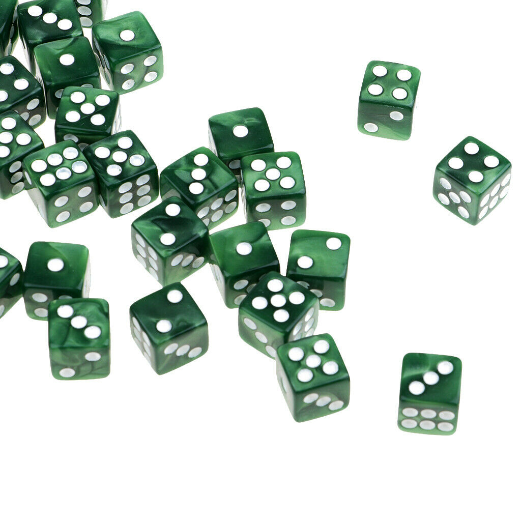 Pack of 50 Acrylic Six Sided Square D6 12mm Dice - Green with White Pips
