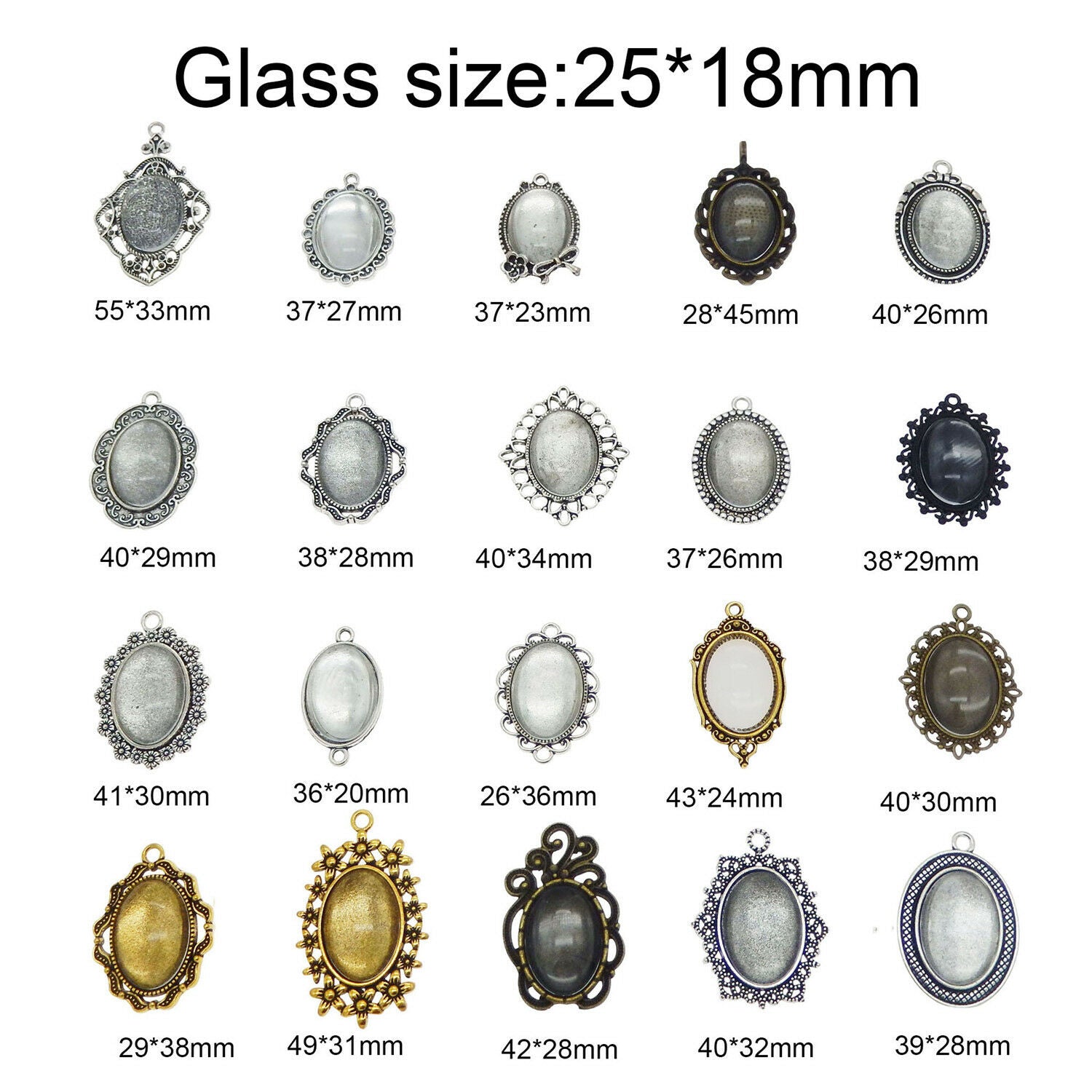 10 sets Oval Clear Glass Cabochon Base Setting Blank Bezel Frame Pendant Charm