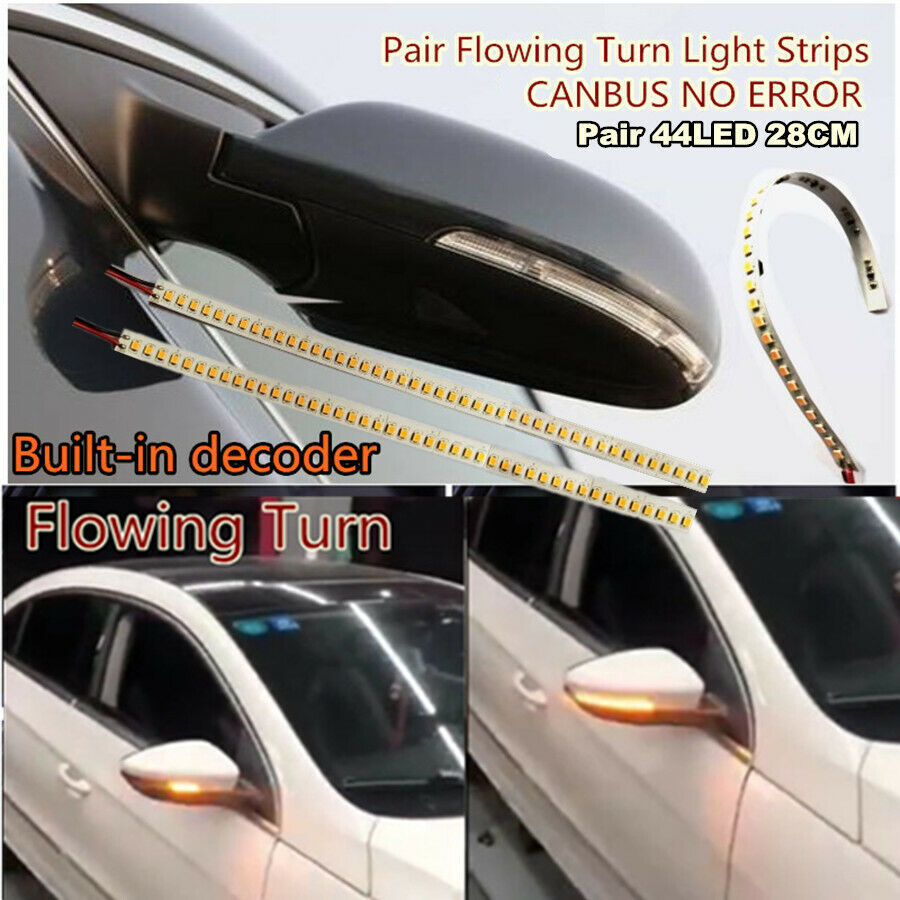 Pair 28cm Car Rear View Mirrors Turn Signal Lamp Flowing LED Amber Light Strip