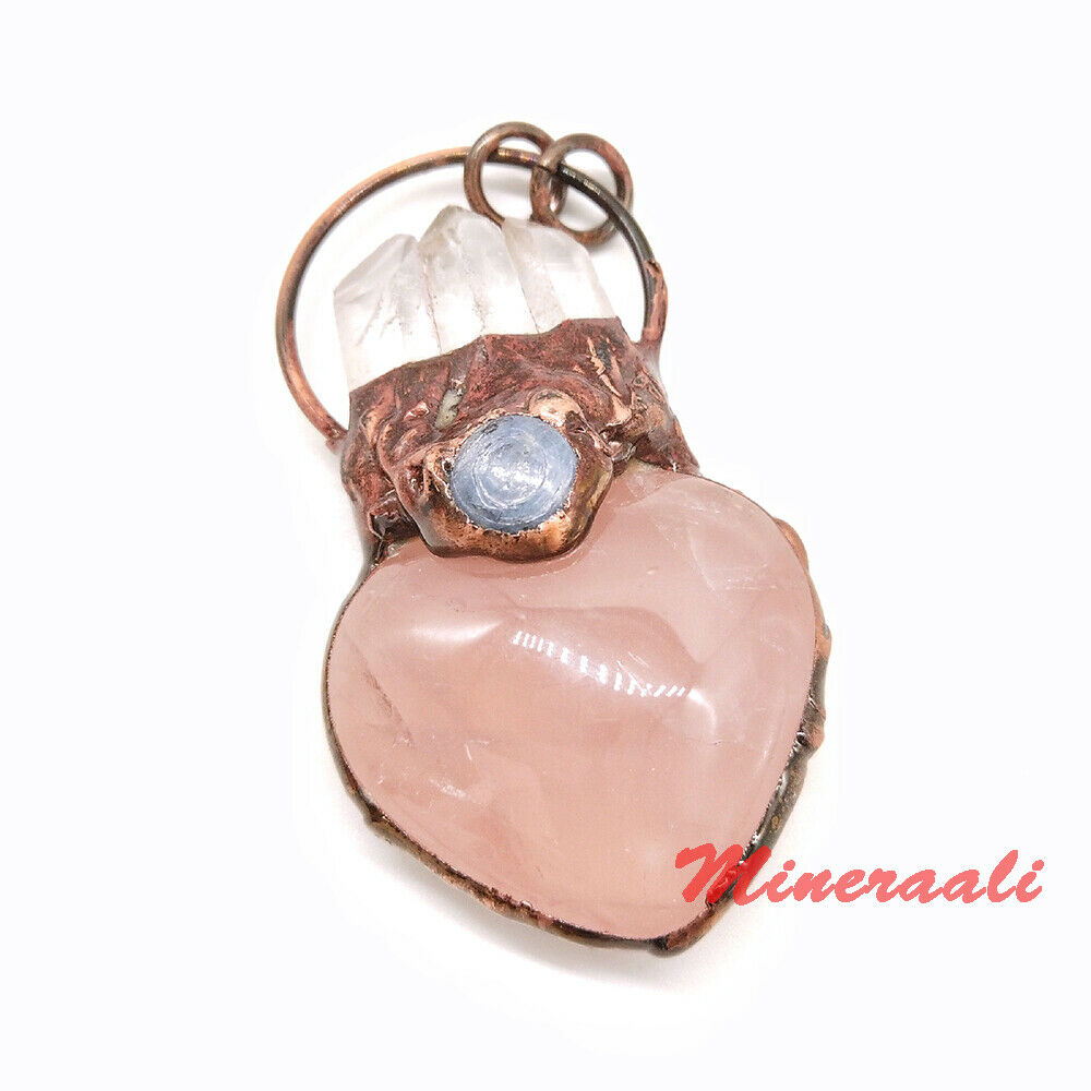 Natural Rose Quartz Crystal Heart Carved Pendant Clear Quartz Point Healing