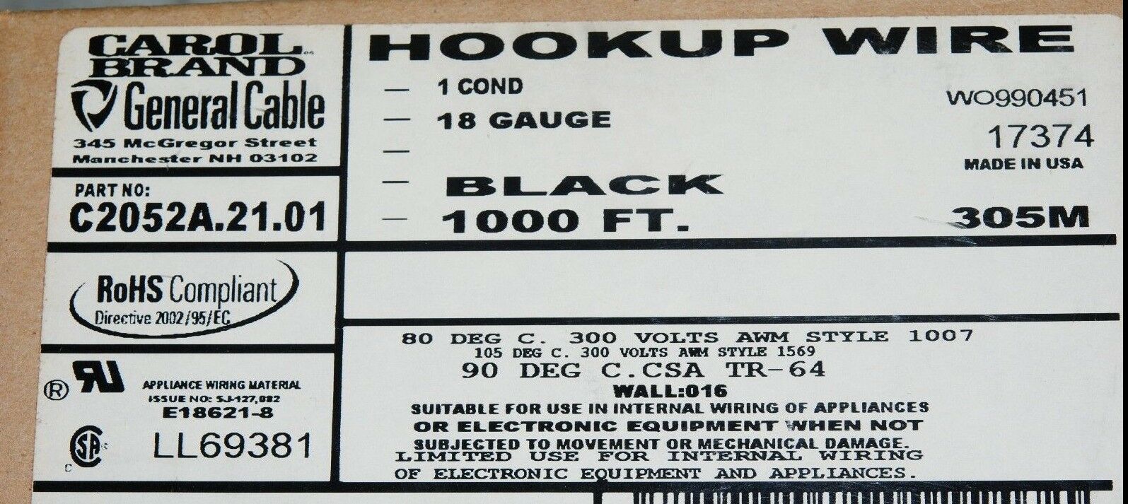 10meter (10M) -GENERALCABLE C2052A.21.01 18AWG Hookup Cable & Wire UL 1007 Black