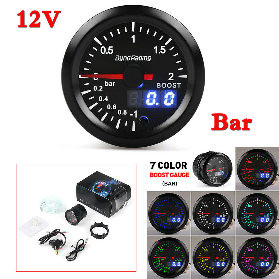 2" 52mm LED Digital & Pointer Car Turbo Boost Meter Bar Pressure Gauge 7 Colors