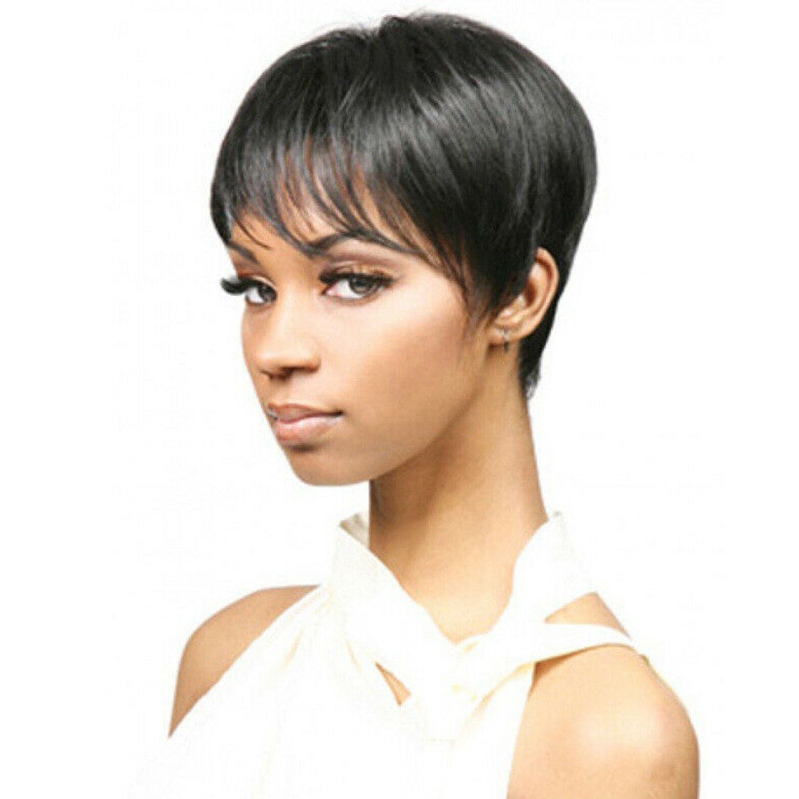 Women's Black Wig Short Straight Synthetic Hair w/Lace Natural Fashion Looking