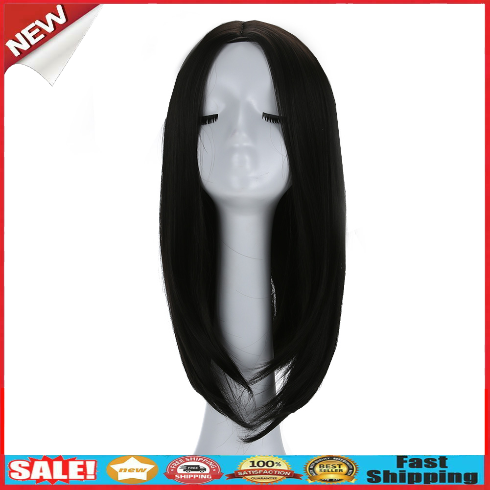 Women Silky Black Straight Bobo Hairstyle Middle Parted Wig Hairpiece @