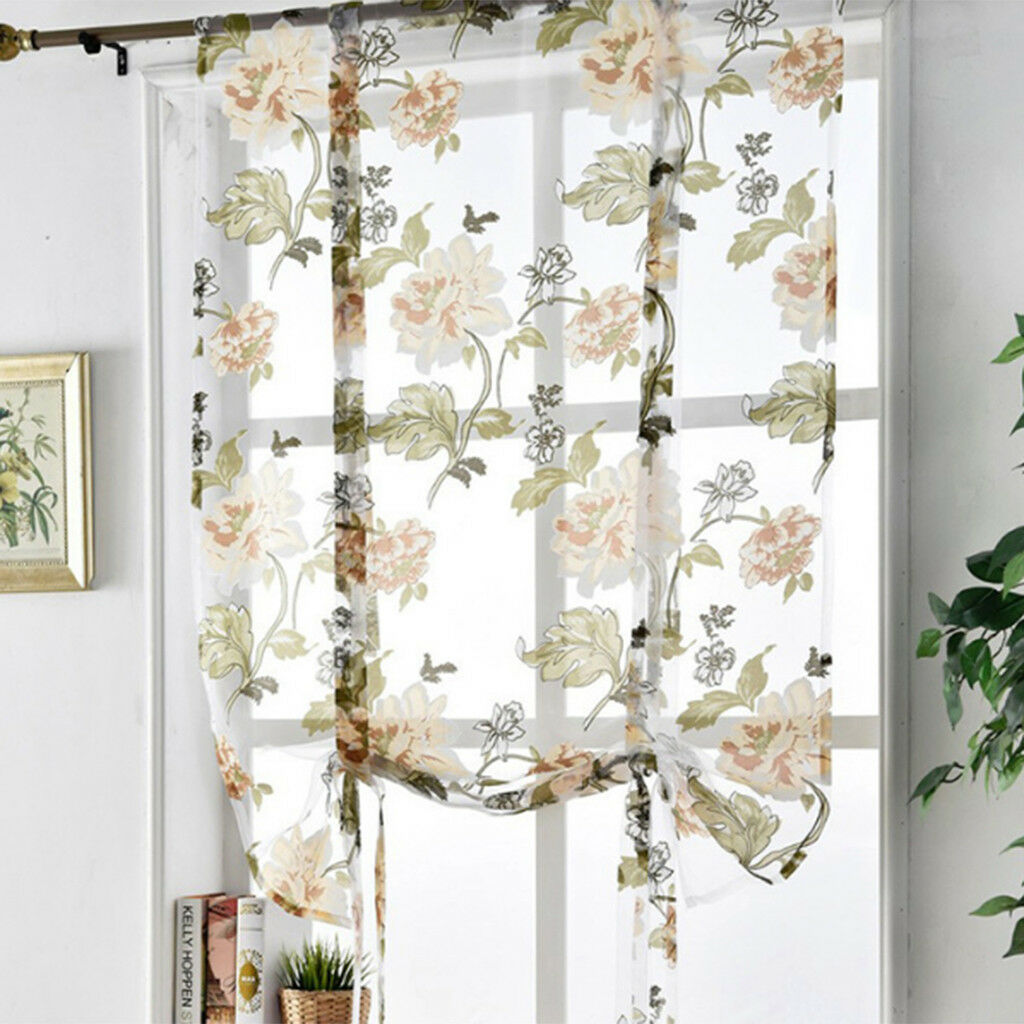 Chic Peony Short Roman Curtain Tie-up Shade Sheer Voile for Small Window #2
