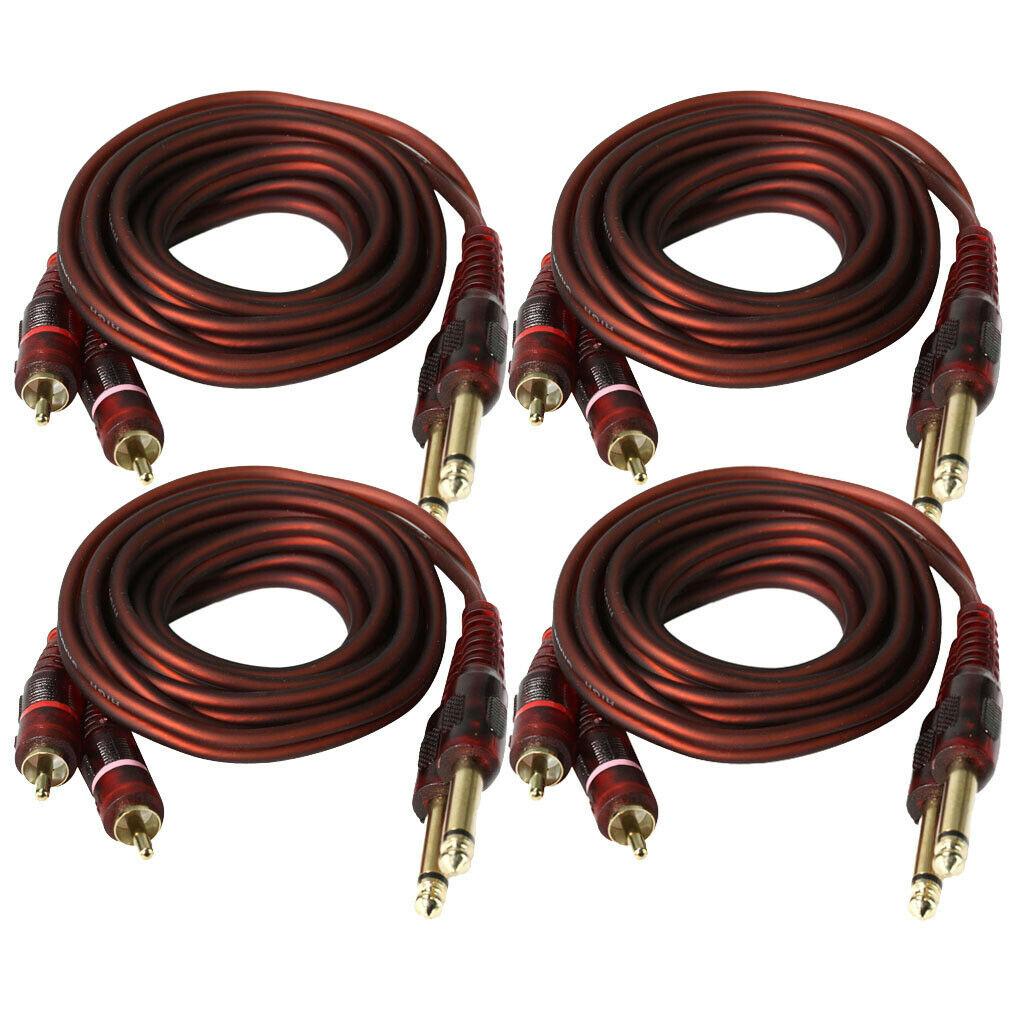 4pcs 6.35mm 1/4inch Mono Jack Plug to Dual 2 RCA Plugs SCREENED Audio Cable