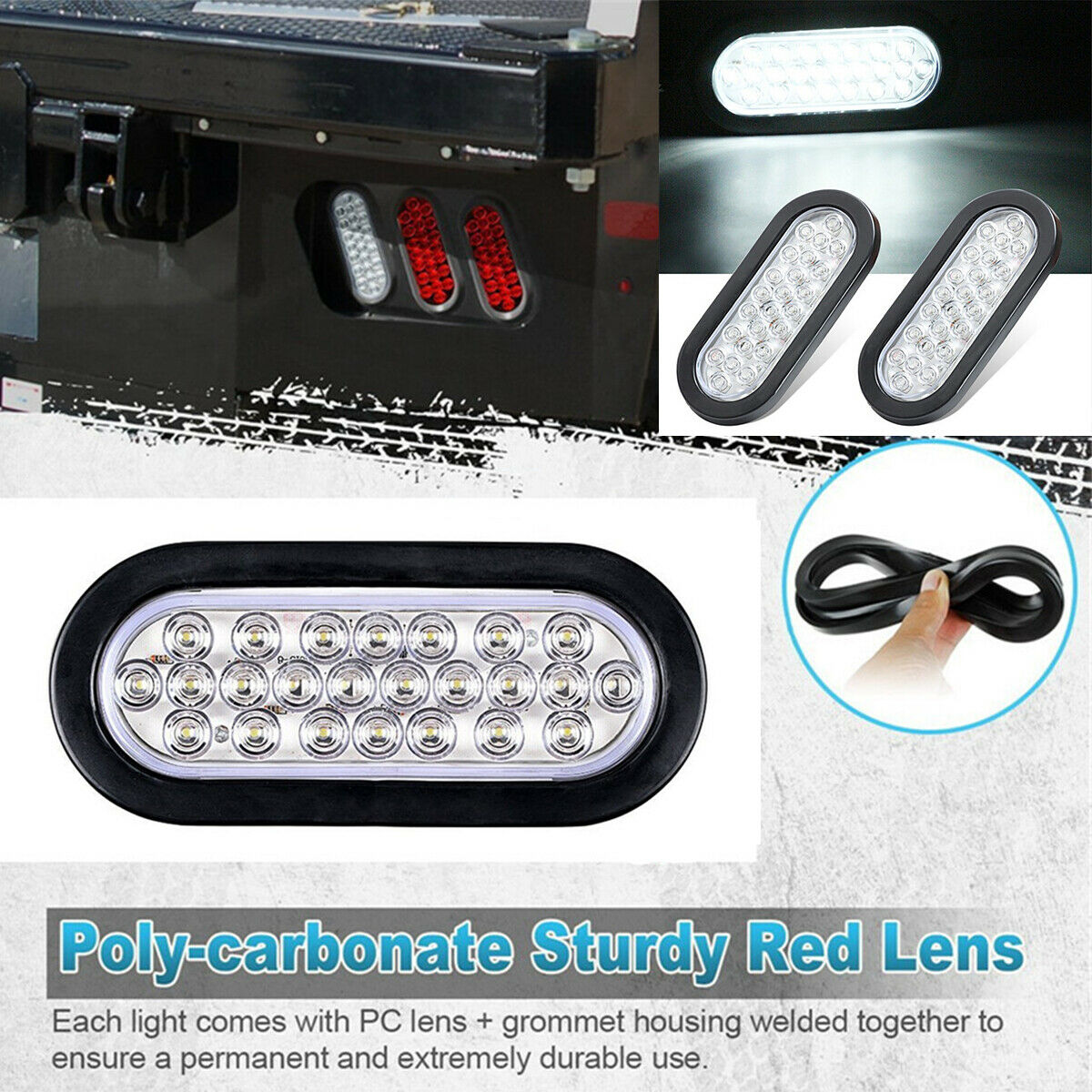 2pcs Trailer Truck Boat Red 24 LED 6" Oval Stop Turn Tail Brake Lights 12V white