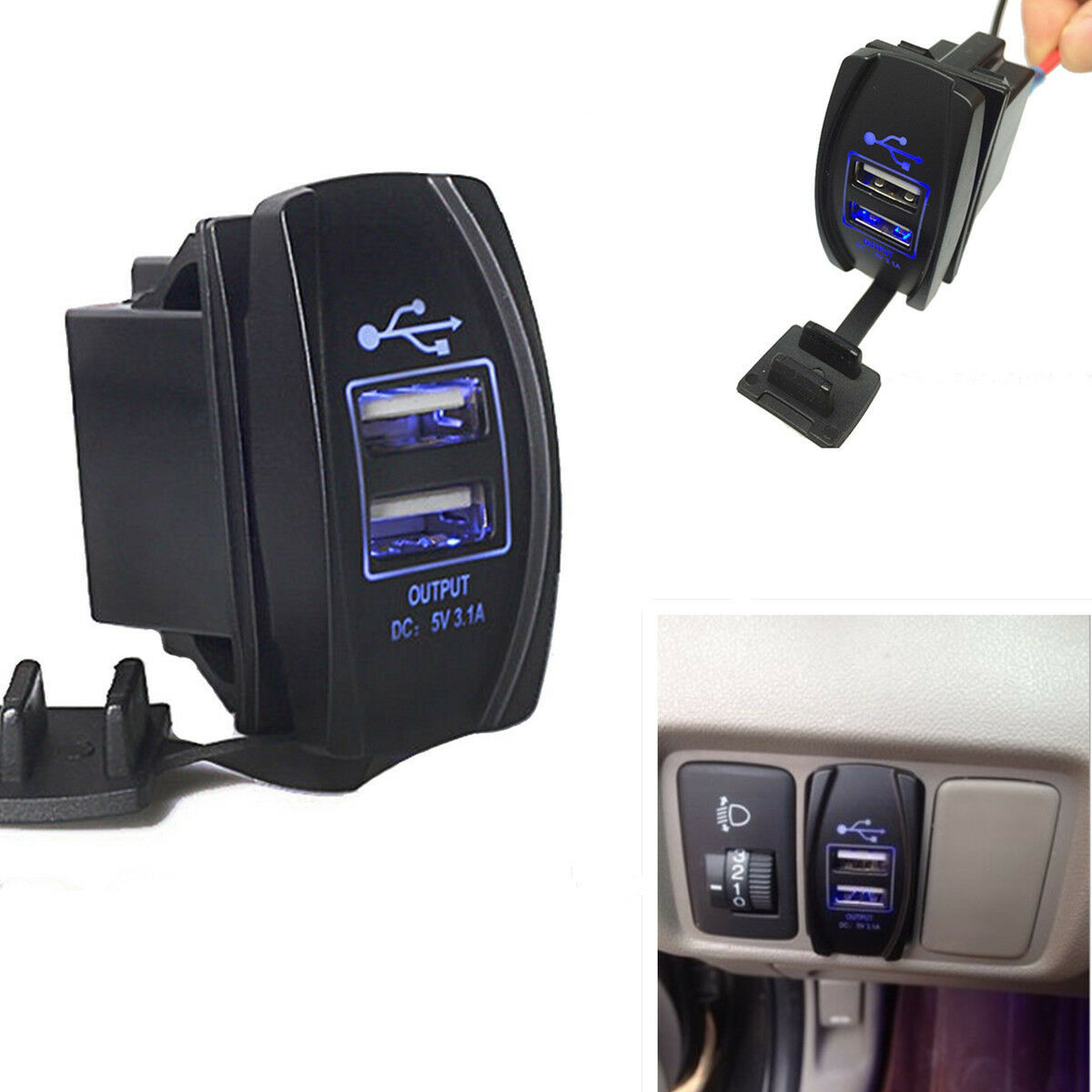 Dual USB Power Charger Carling ARB Rocker Switch Blue LED Light Car Boat 12V 24V