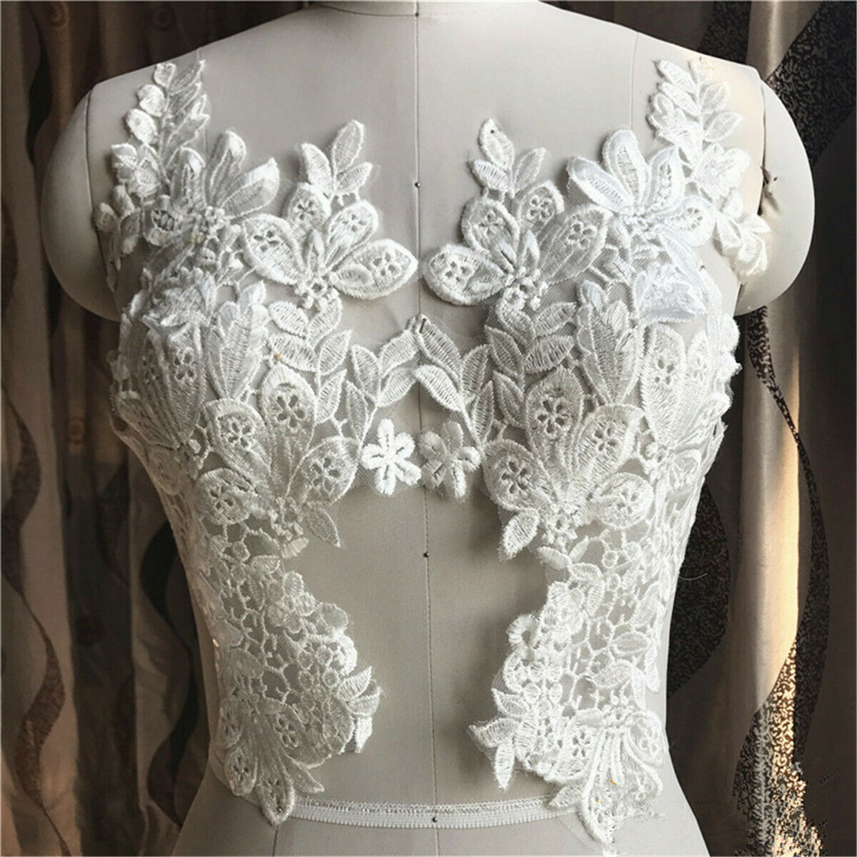 Pair Trim Embroidery Lace Applique Sewing Motif Wedding Bridal Dress DIY Crafts