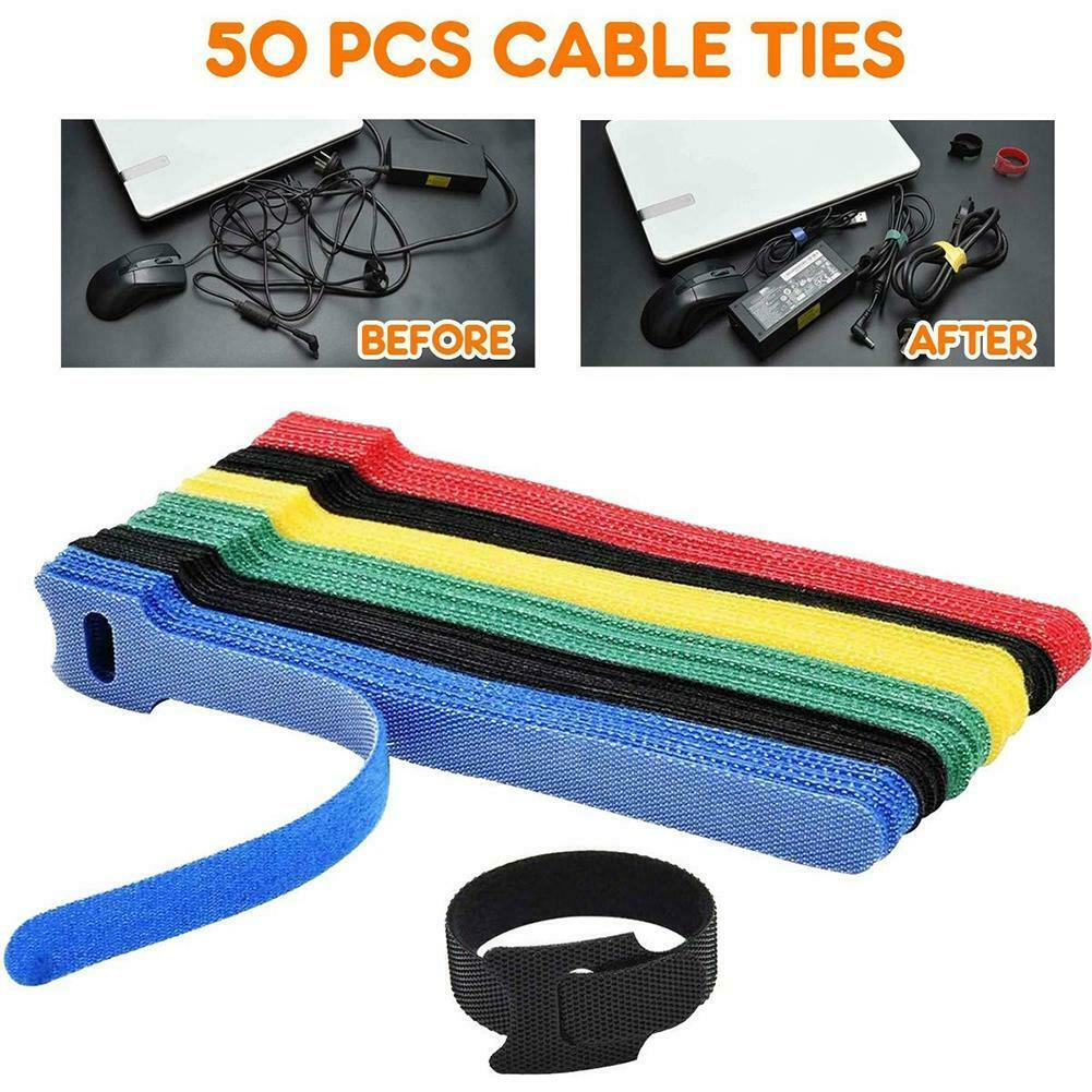 50Pcs Reusable Cable Cord Nylon Strap Hook Loop Ties Tidy Organiser Wraps Tool