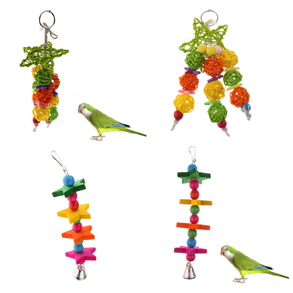 2 Pieces Hanging Parrot Chewing Toys with A Bell - Multicolored Wooden Blocks