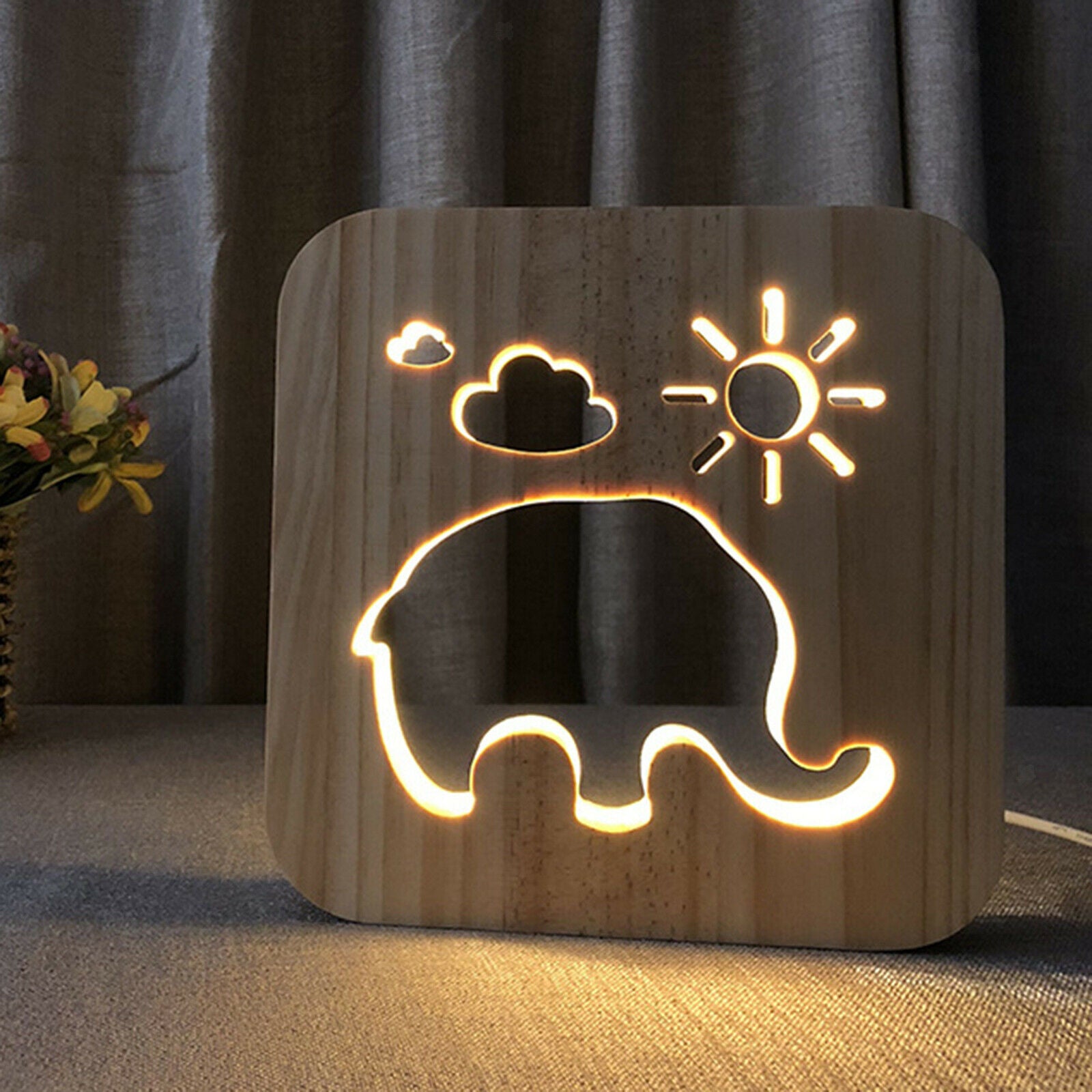 Wood Night Light Elephant Carved Animal Shape Table Lamp Bedroom Ornaments