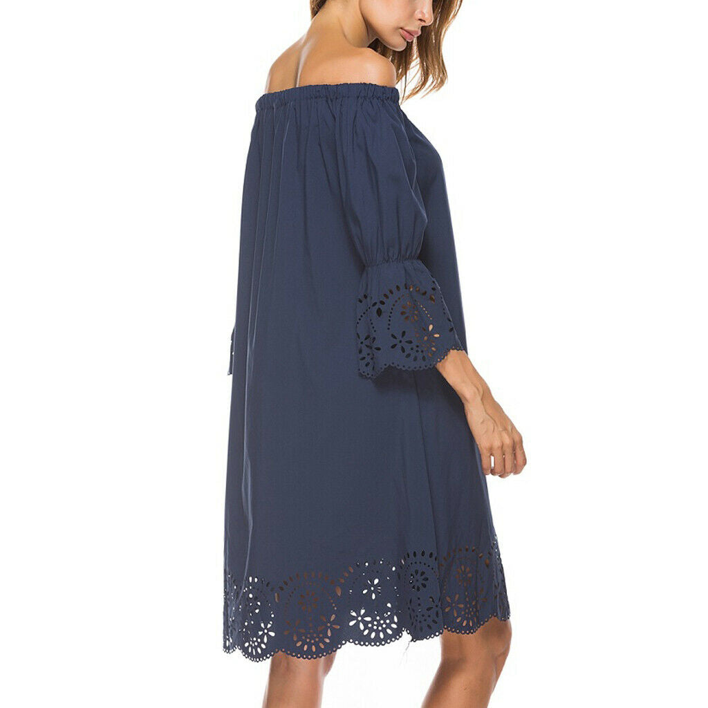 Women 3/4 Sleeve Skirt Off Shoulder Hollow Out Flower Hem Dress Darkblue 1XL