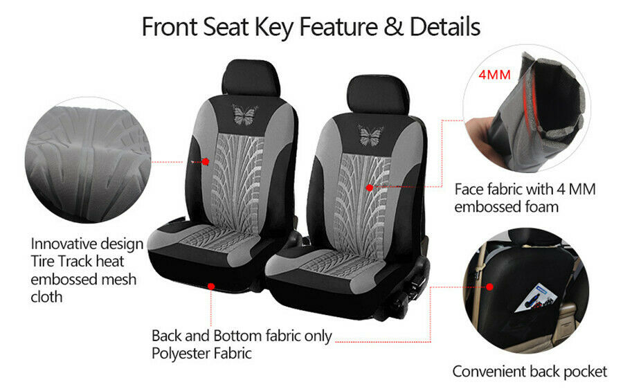 Breathable Embroidery Car Seat Cover 2PC Front Seat Cushion Mat Pad Grey & Black