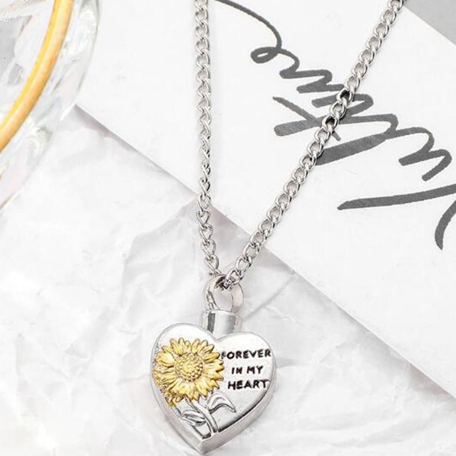 New Sunflower Forever in my Heart Urn Ashes Cremation Memorial Necklace