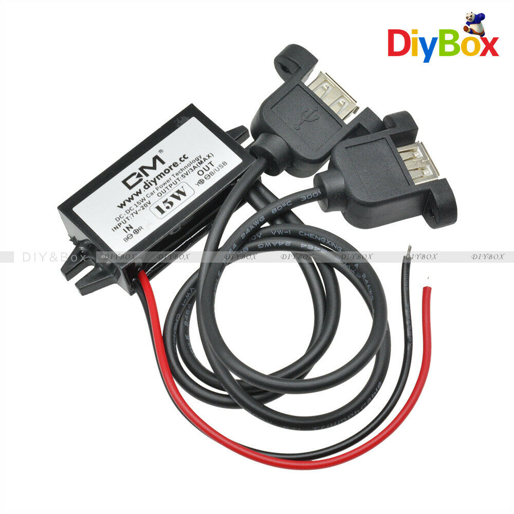 DC-DC 12V to 5V  Car Power Converter Adapter Dual USB Female Port Waterproof 3A