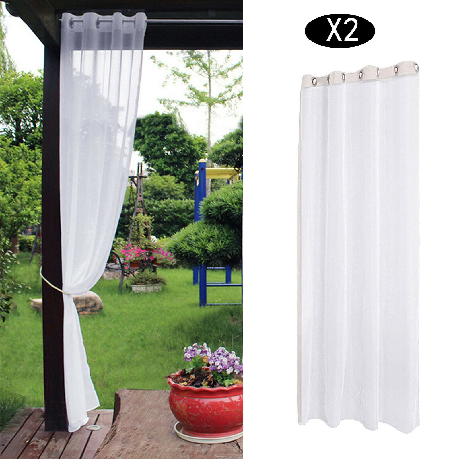2pcs White Sheer Curtain Waterproof Drape with Tieback Pool Decorative
