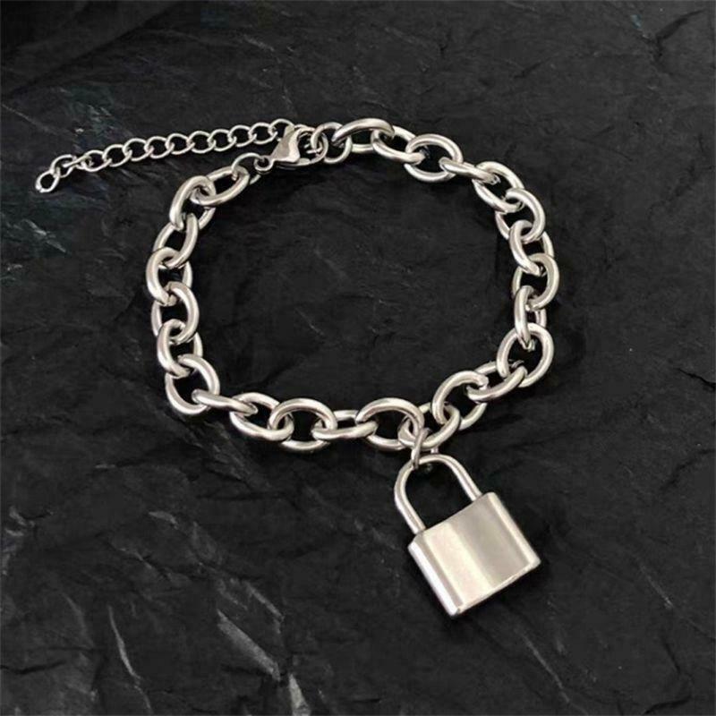 Punk Stainelss Steel Lock Pendant Bracelet Wristband Chunky Link Chain Bangles