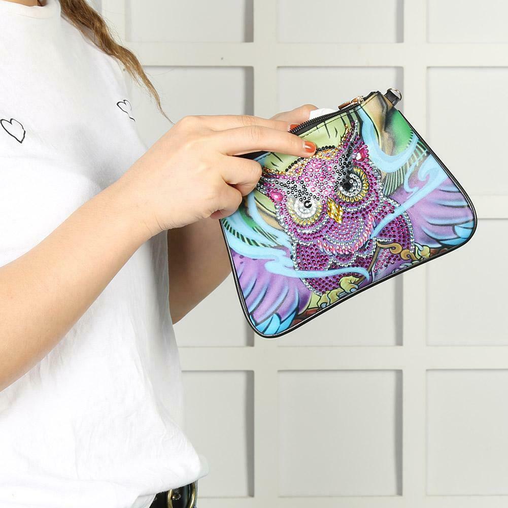 DIY Owl Special Shaped Diamond Painting Leather Crossbody Bags Chain Clutch @