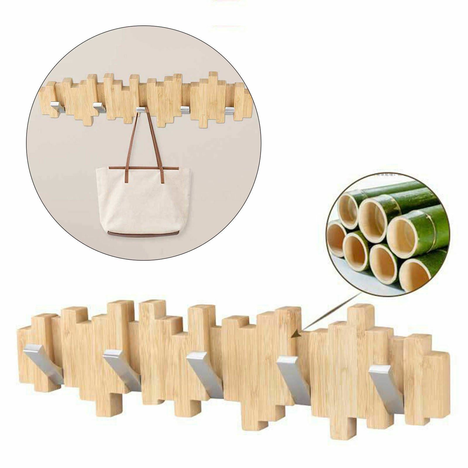Bamboo Wall Coat Rack Hook 5 Metal Hooks Towel Entryway Hanger Classic