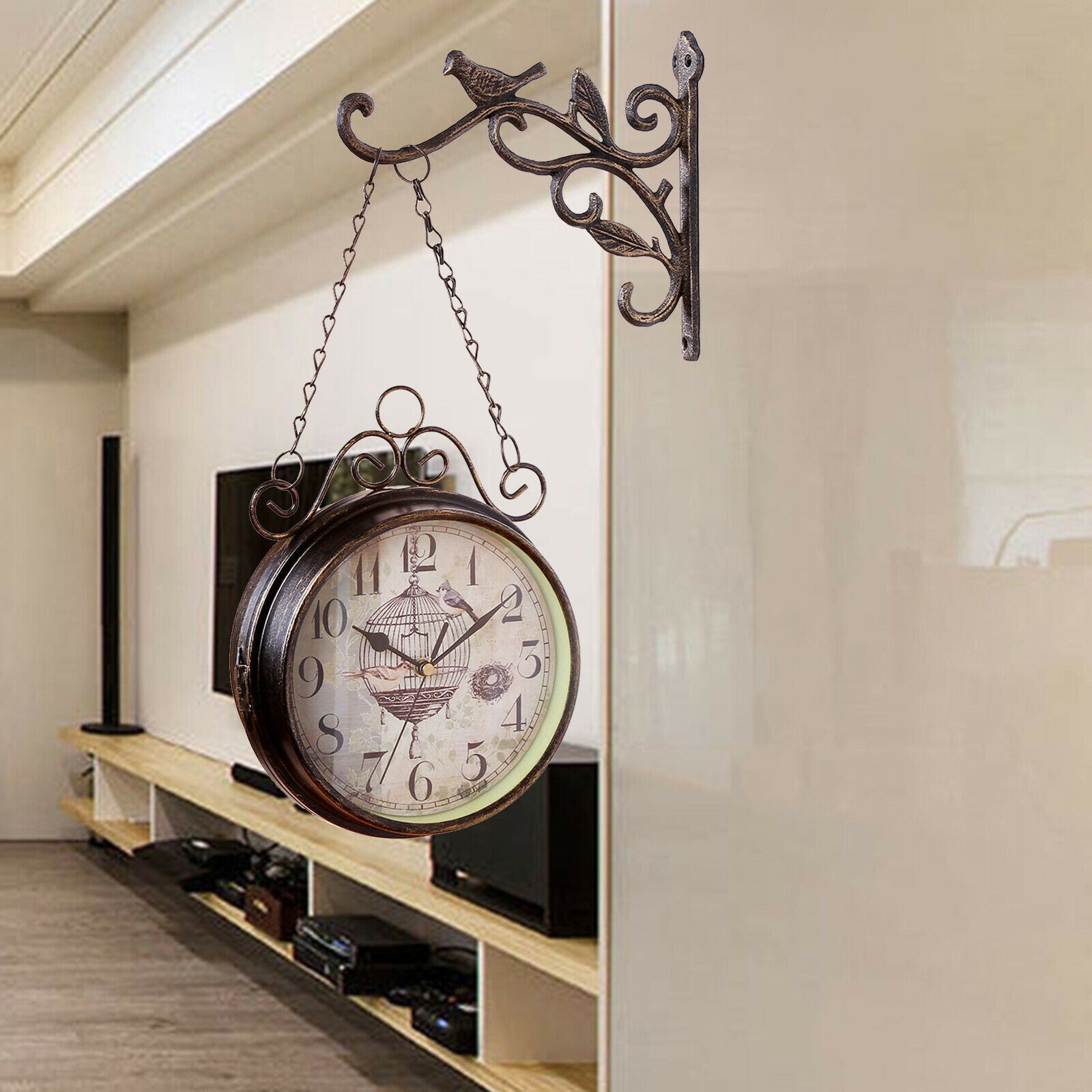 Double Sided Wall Clock Metal Decoration Retro Quiet for Garden Kitchen