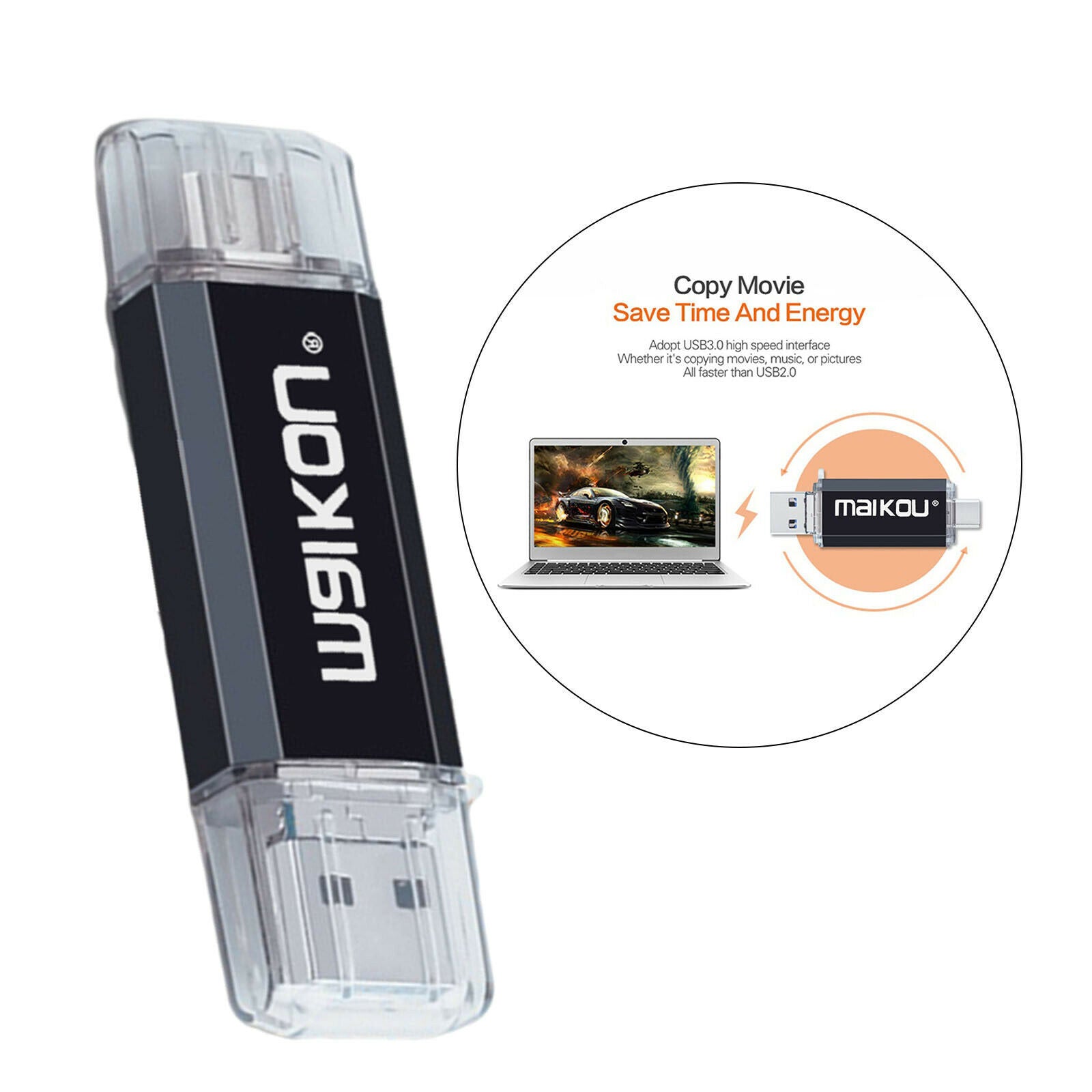 Portable 3-in-1 64G USB 3.0 Flash Drive Type-C Micro USB Memory Stick Black