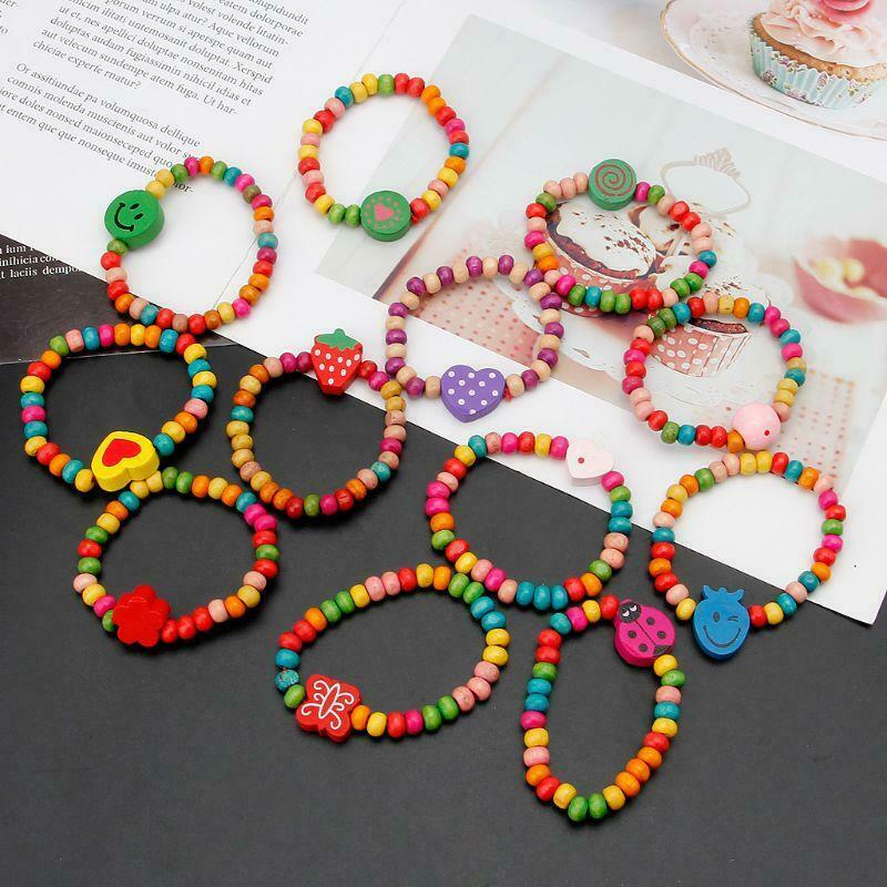 12Pcs Colourful Wooden Bracelets Little Girls Bracelets Kit Kids Fashion Jewelry