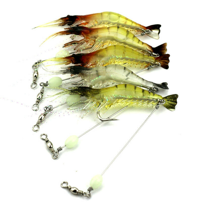 Lot of 5Pcs Soft Lifelike Shrimp Prawn Fishing Lures Luminous Bead Hook Bait