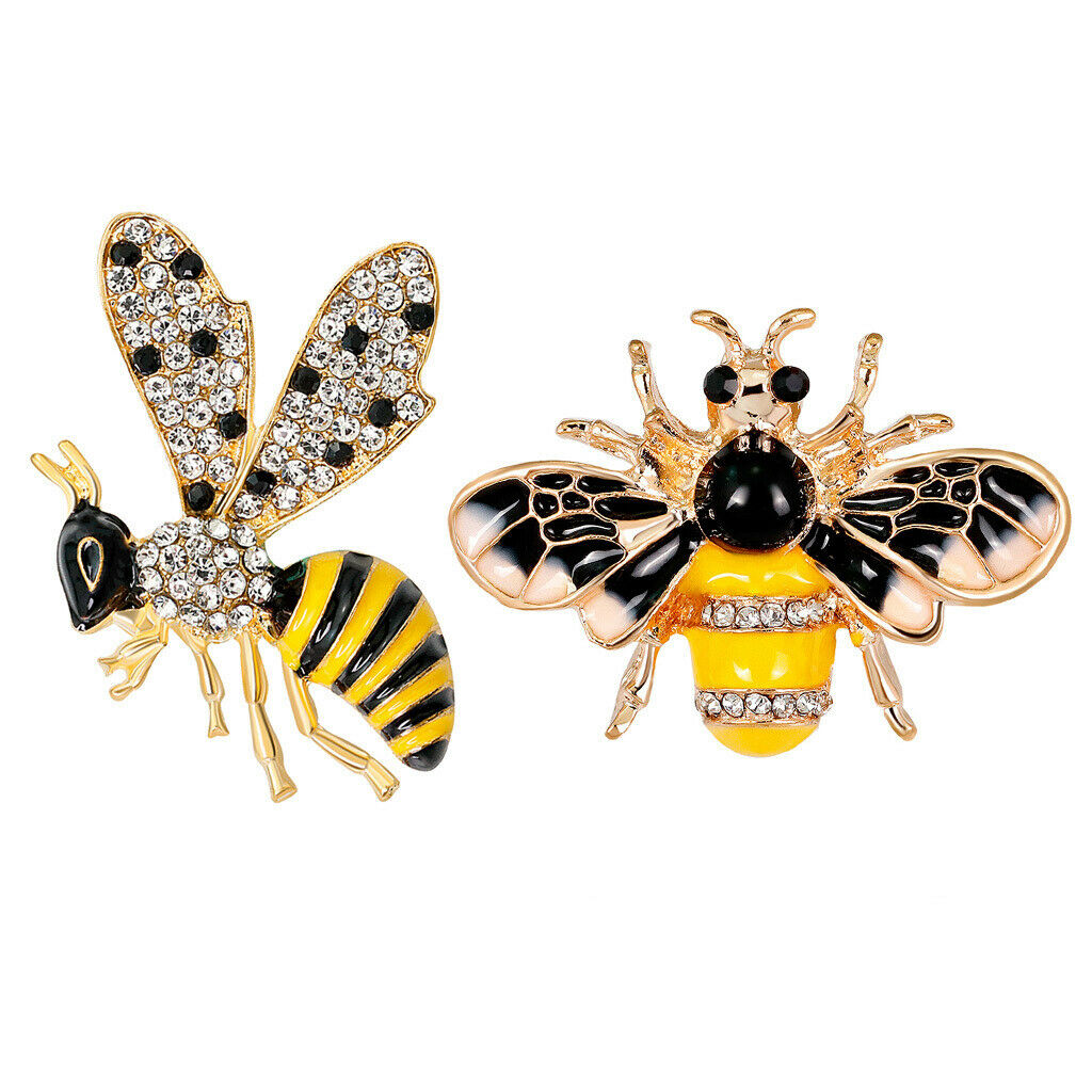 2pcs Yellow Enamel Cute Honeybee Brooches Animal Insect with Crystal Decor
