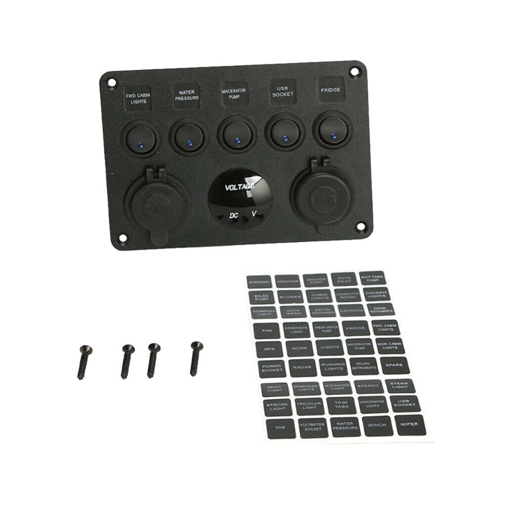 5 Gang LED Rocker Control Panel Switch Circuit Charger 12/24V-Yacht RV Car