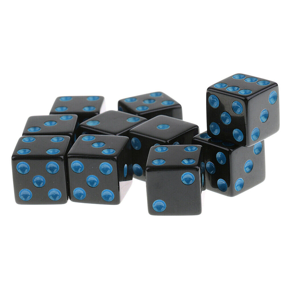 Pack of 10 Six Sided Square Opaque D6 16mm Standard Dice Black w/ Blue Pips