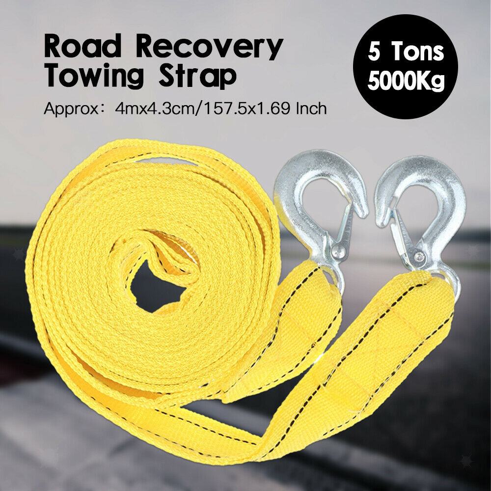 Yellow 4M 5 Ton Car Tow Cable Strap Hooks Emergency Service Towing Pull Rope