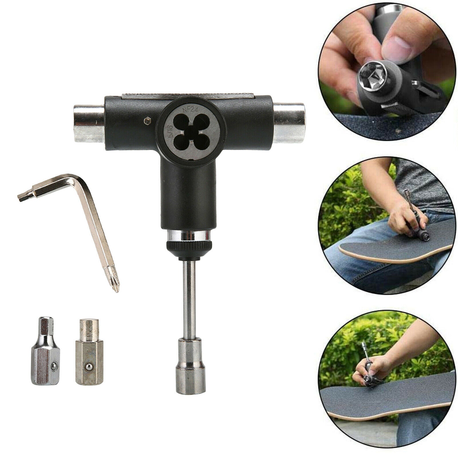 All In One Skateboard Roller Skate Longboard T Tool Wrench Spanner Black