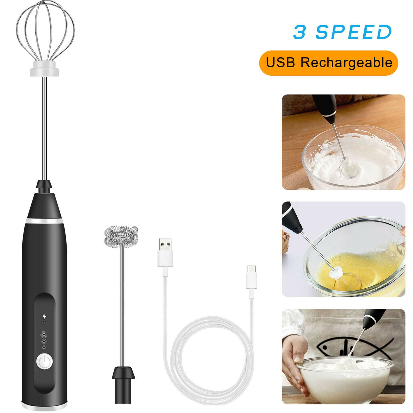 Handheld Electric Egg Beater Milk Frother Drink Mixer Coffee Whisk USB Charging