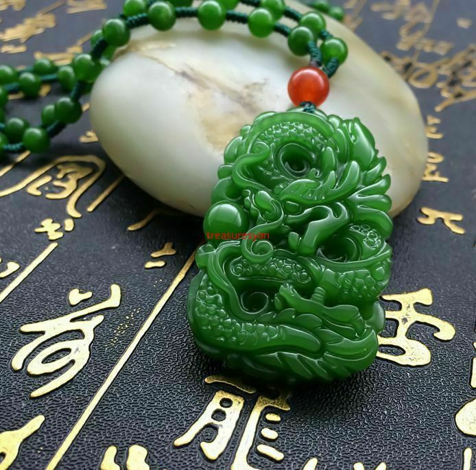 100%Natural Green Hand-carved Chinese Hetian Jade Pendant - Dragon-Free Necklace