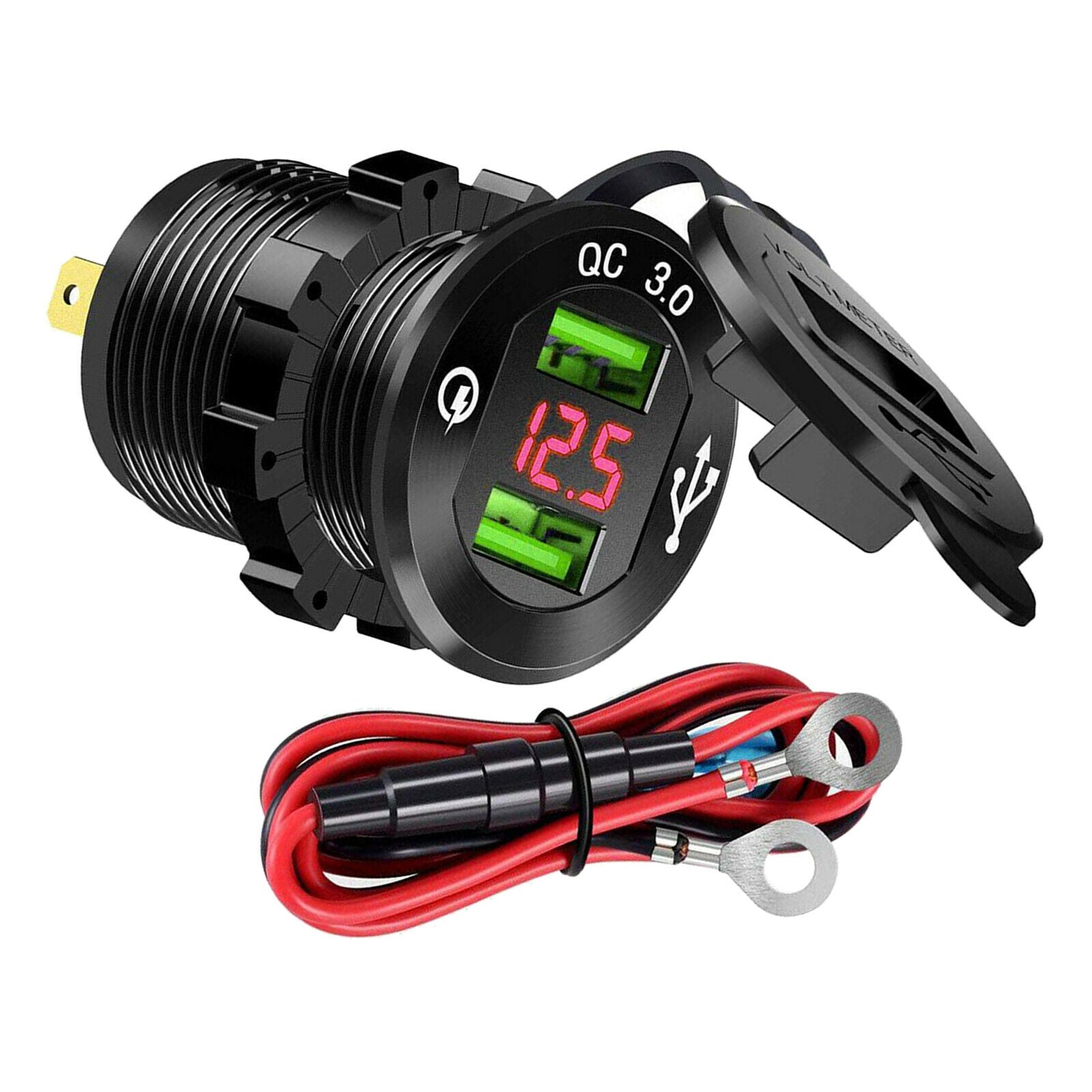 Quick Charge Car Charger Socket QC3.0 Socket LED Voltmeter Boat Black+Red