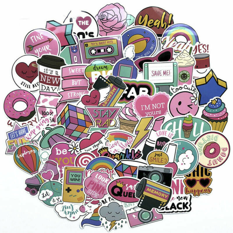 60Pcs/Set Pink Cartoon Stickers Girls Decals Skateboard Luggage Laptop Guitar