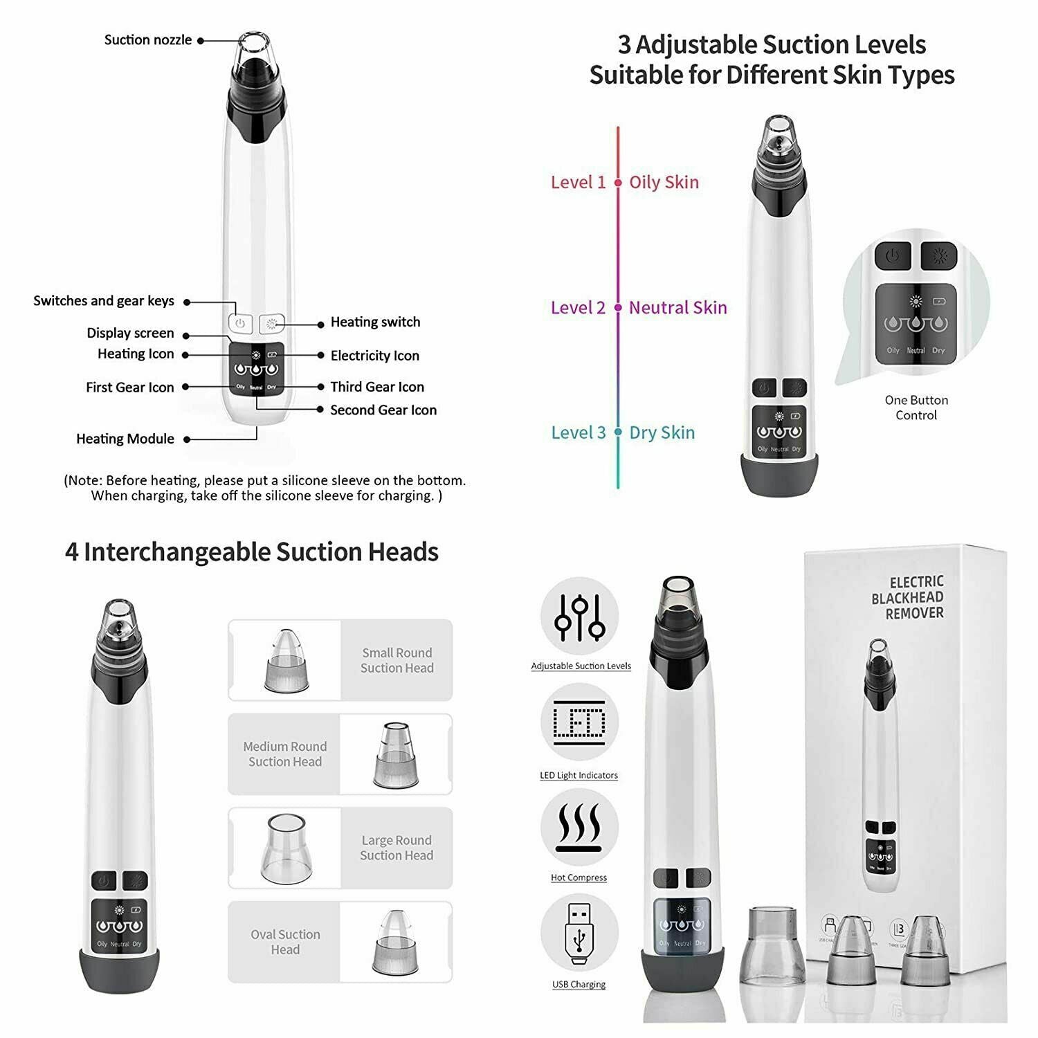 Electric Heating Blackhead Vacuum Pore Cleaner Acne Pimple Remover Suction Tool