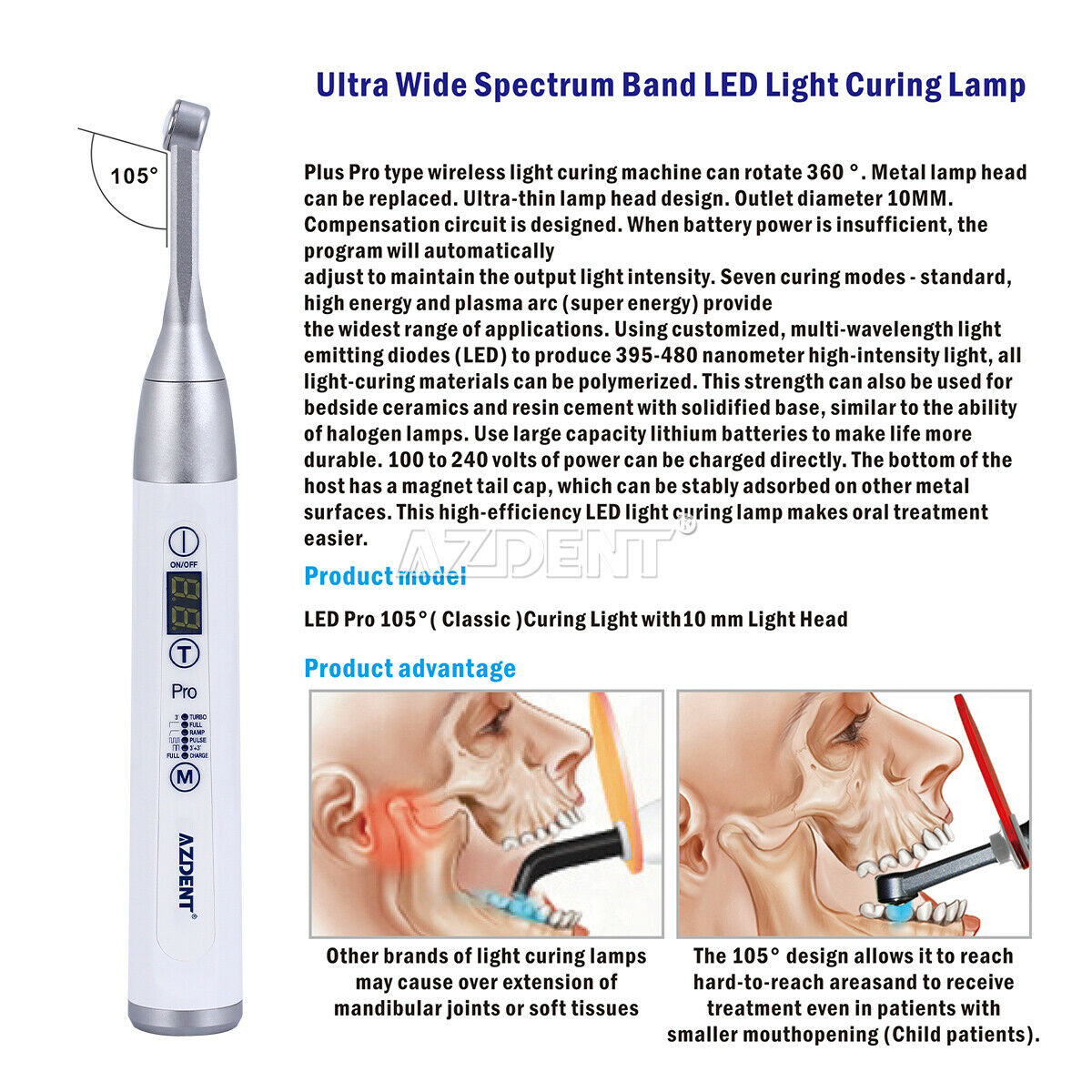 3X AZDENT Dental Wireless Cordless LED Curing Light PRO105 White 1600 mw/cm2