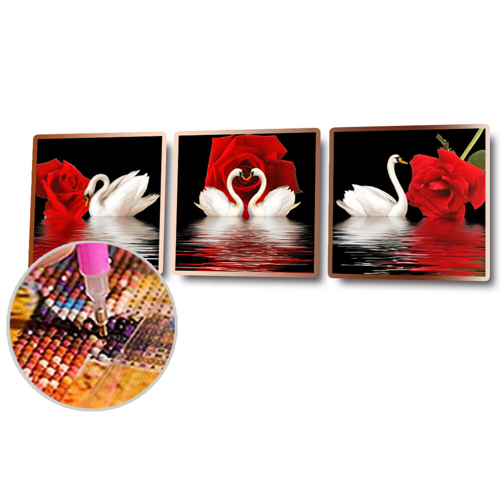 3 Panel DIY Full Drill Round Diamond Painting Swan Cross Stitch Mosaic Kit Decor