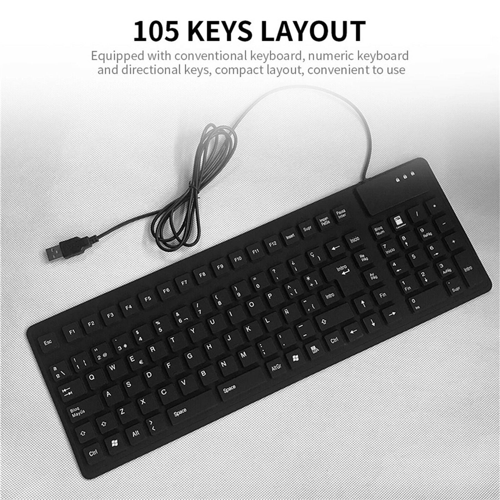 Foldable 105 Keys USB Wired Spanish Keyboard Waterproof Rollup Keyboards