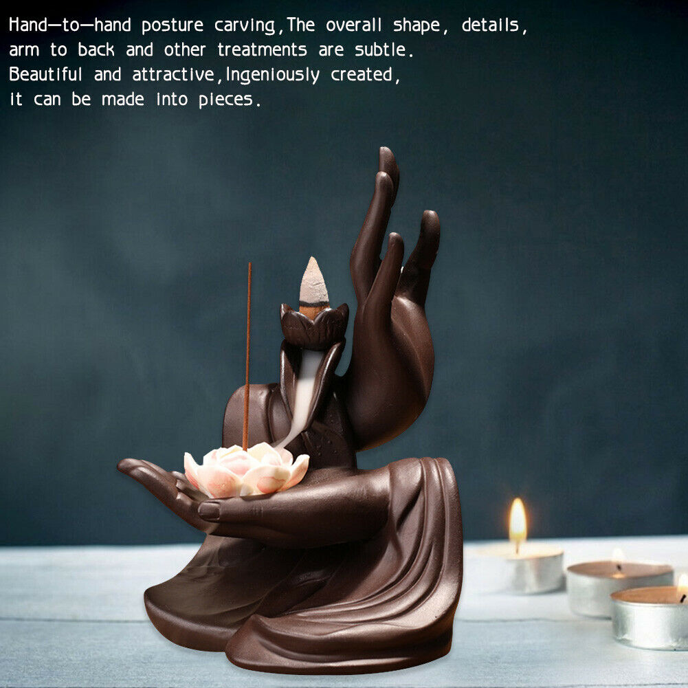 Ceramic Backflow Incense Burner Bergamot Hand Waterfall & 20 Cones Gift Decor @