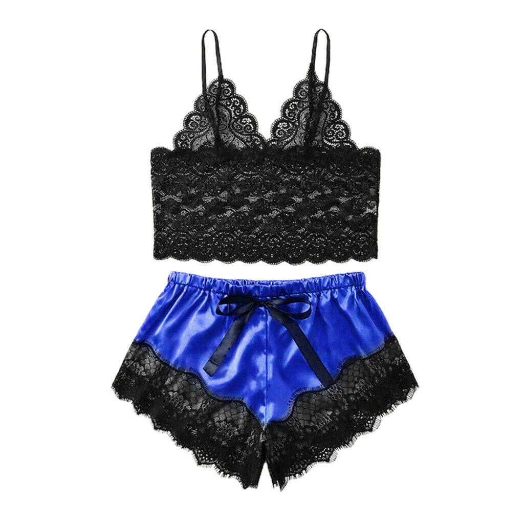 Women Pajama Nightwear Lace Trim Floral Bralette Top & Shorts Royal Blue XXL