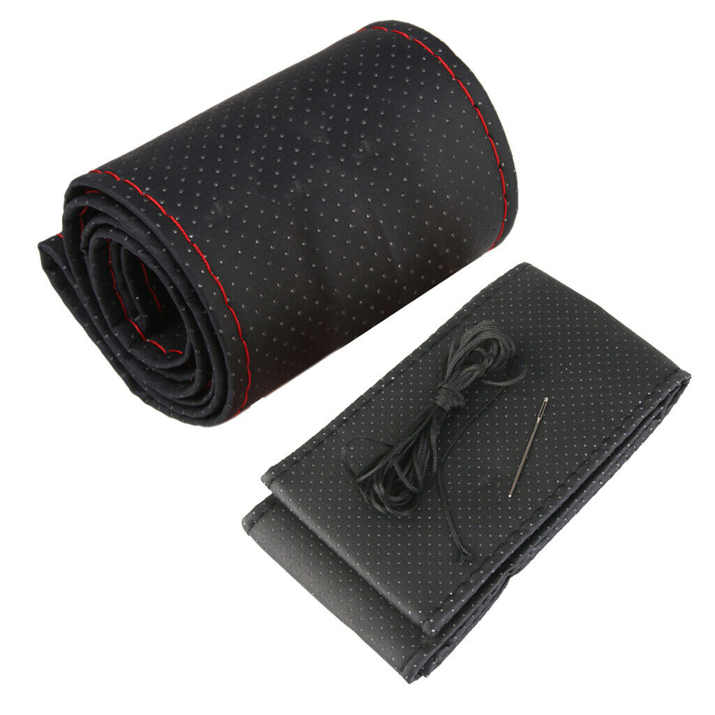 DIY PU Leather Car Steering Wheel Cover Grips Skin Glove Universal Black&Red