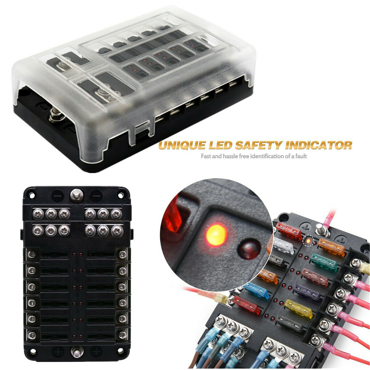 Auto Marine 12-Way Middle Size Blade Fuse Box Block with Red LED Clear PC Shell