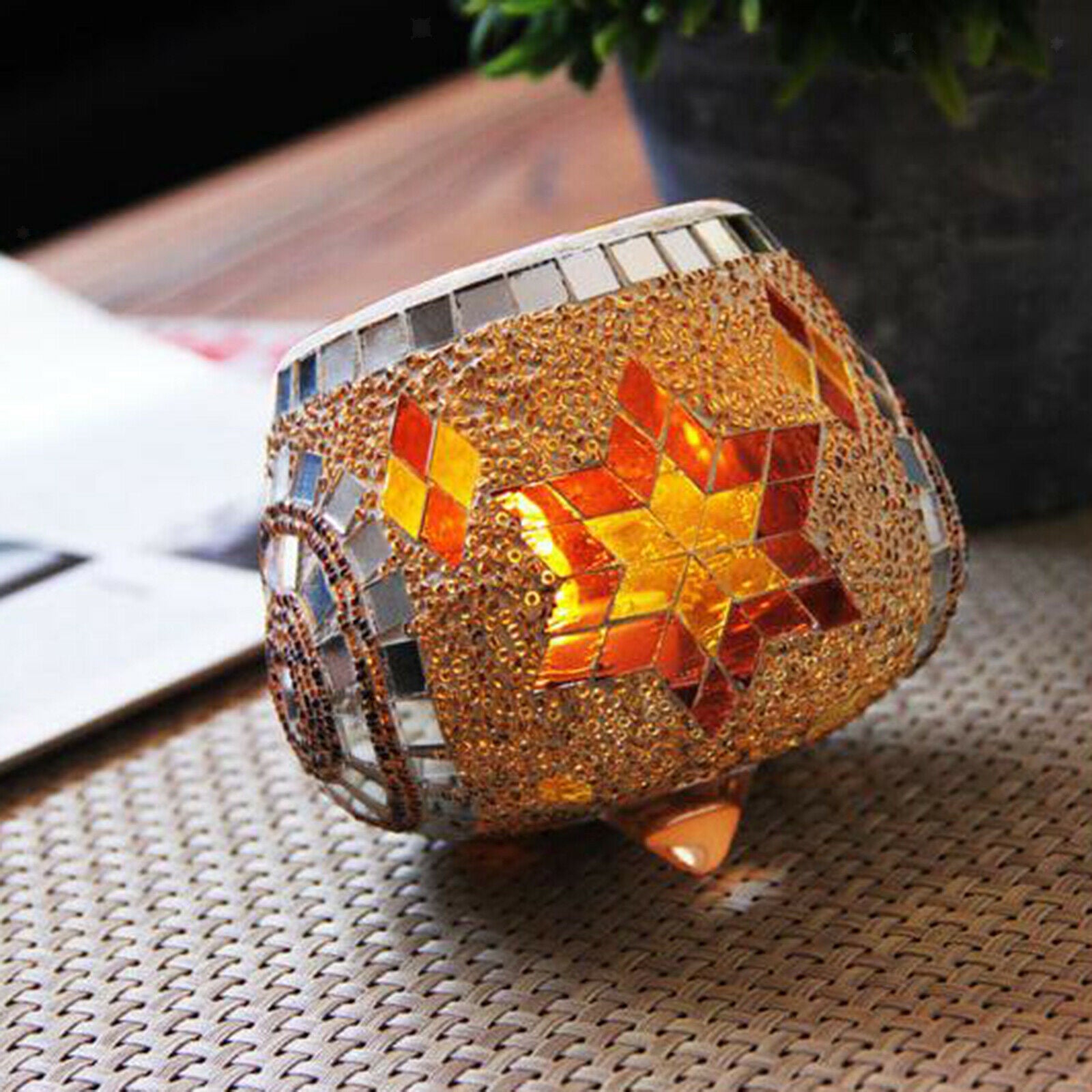 Mosaic Round Glass Gyro Candle Holder Ornament Decor Home Restaurant Spa Orange
