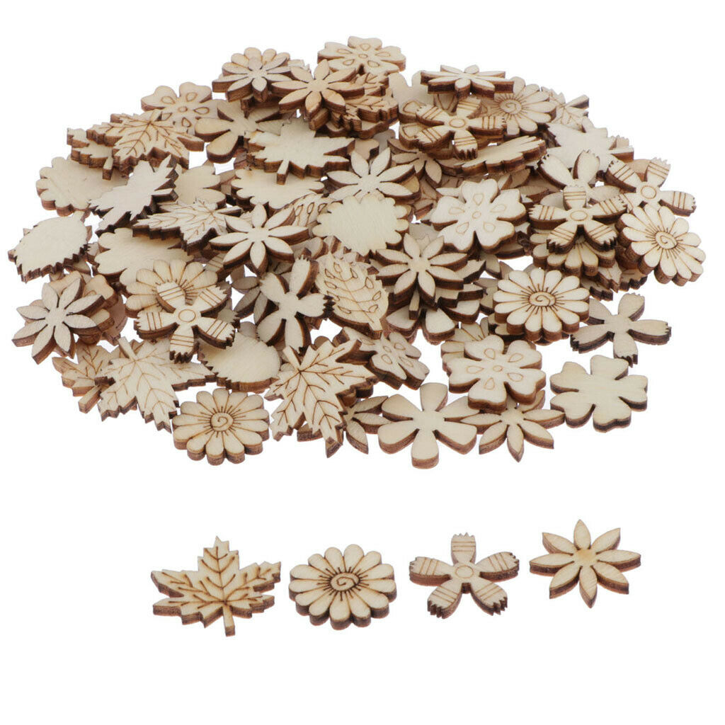 100Pcs Flower and Leaf Shapes Blank Wood Heart Embellishments Wood Birds Slices