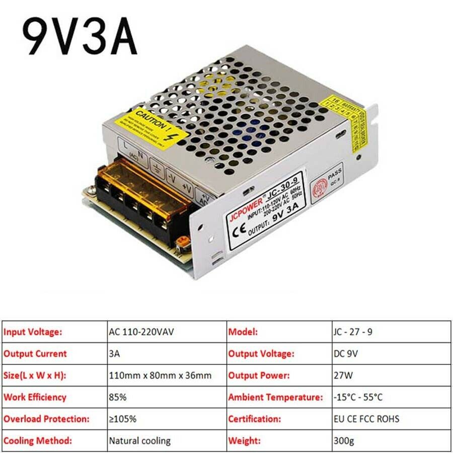 9V 3A 27W DC Regulated Switching Power Supply PSU Transformer LED Strip CCTV